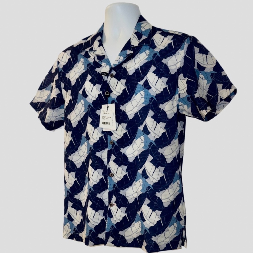 Quieti Performance Navy Blue Leaf Print Button-Up Shirt | Size Small | NWT